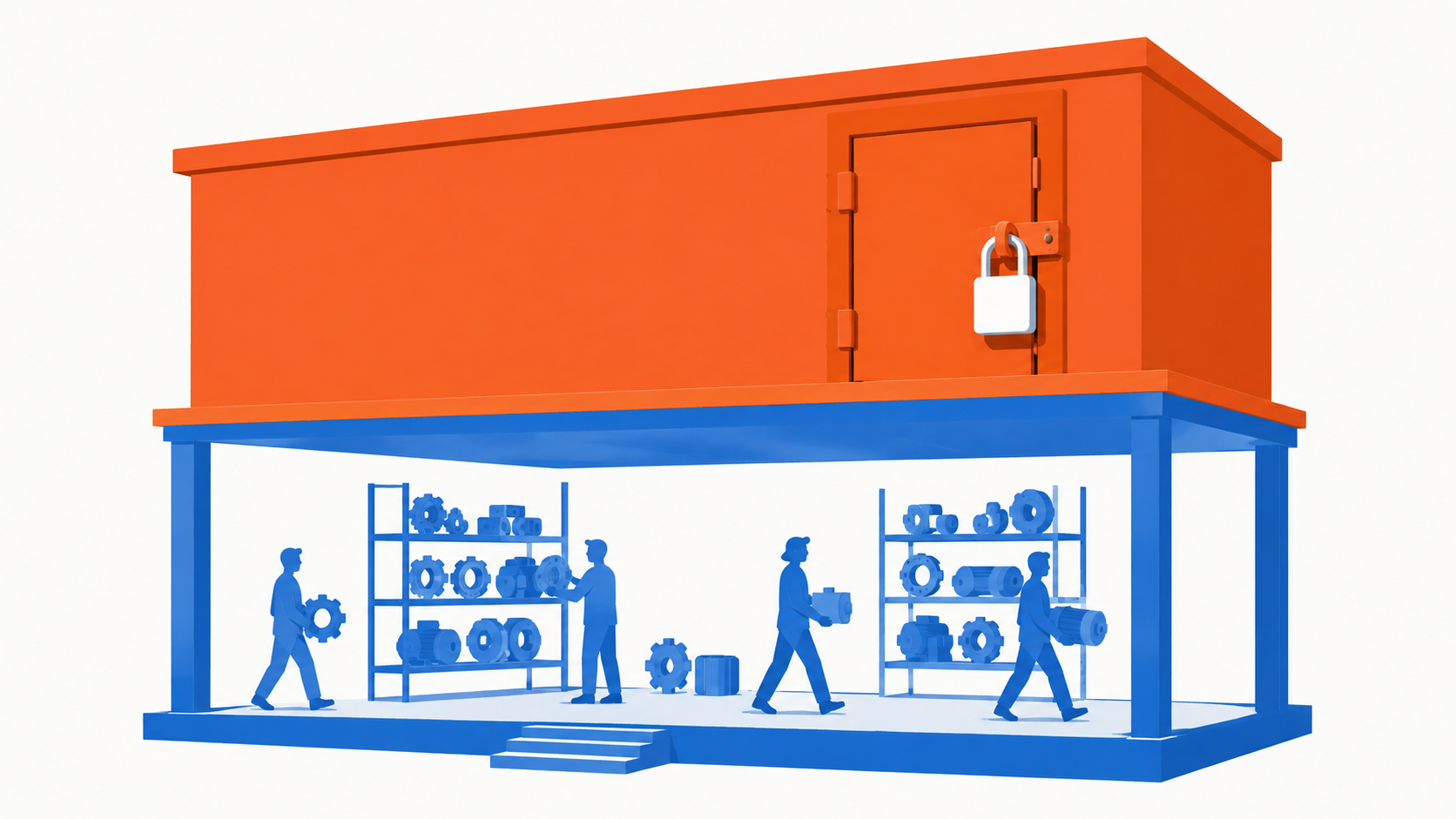 二階建ての建物のイラスト。上の階は錠のかかった扉で閉ざされ、下の階は壁がなく開放されて人々が部品を持ち出している