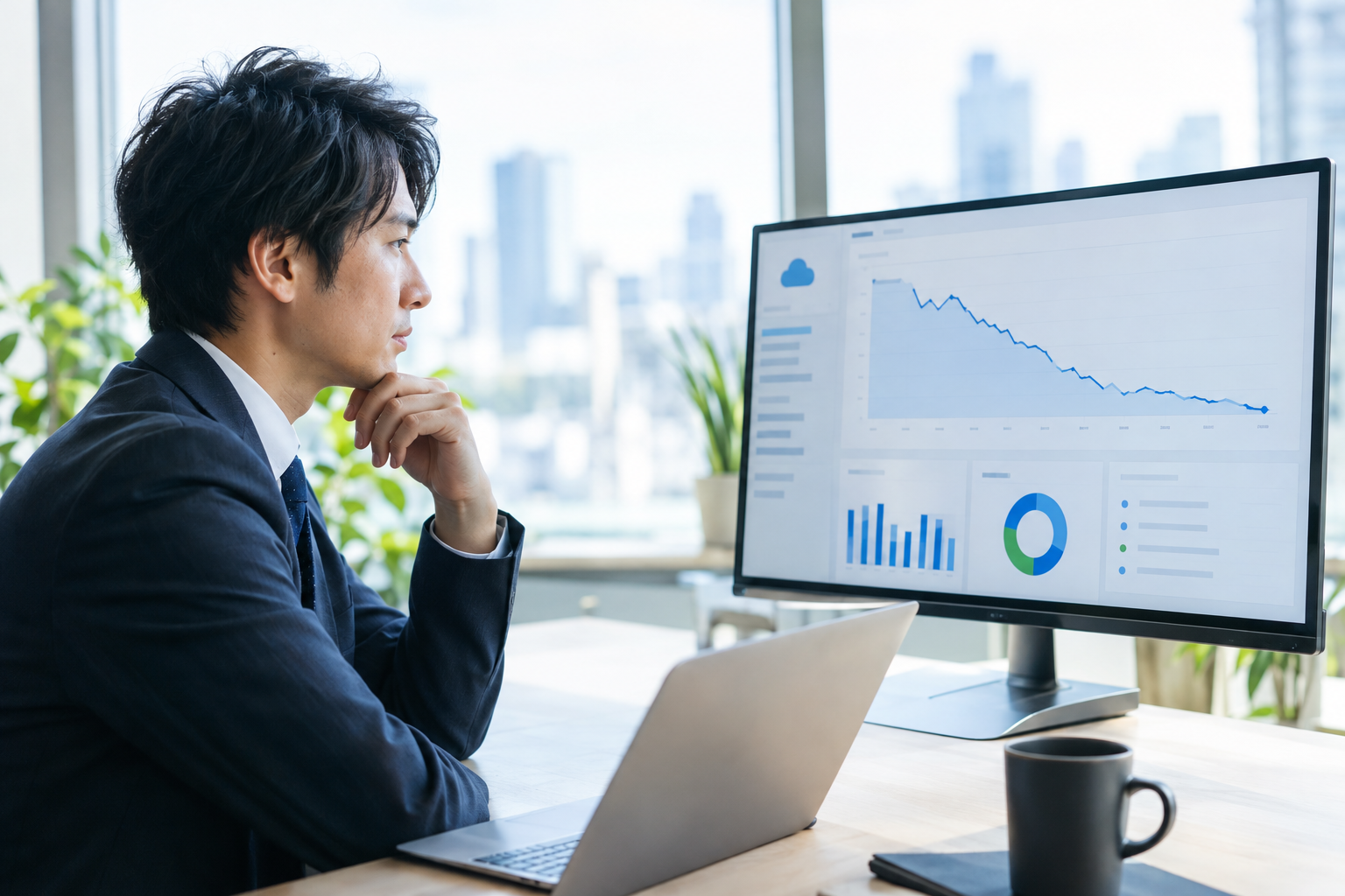 オフィスで、費用が下がっていくグラフを大きなモニターで確認するビジネスパーソン