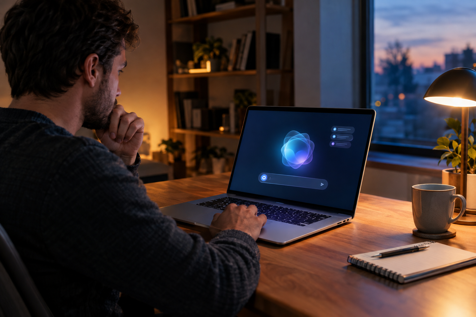 夕暮れの自宅の机で、ノートパソコンのAIアシスタント画面を見ながら作業する開発者