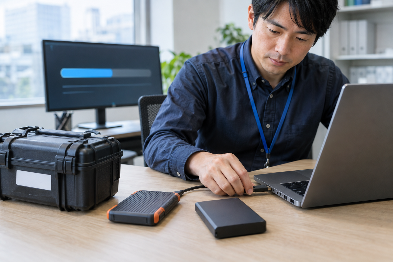 オフィスで外付けのバックアップ用ディスクをノートパソコンにつなぐIT管理者